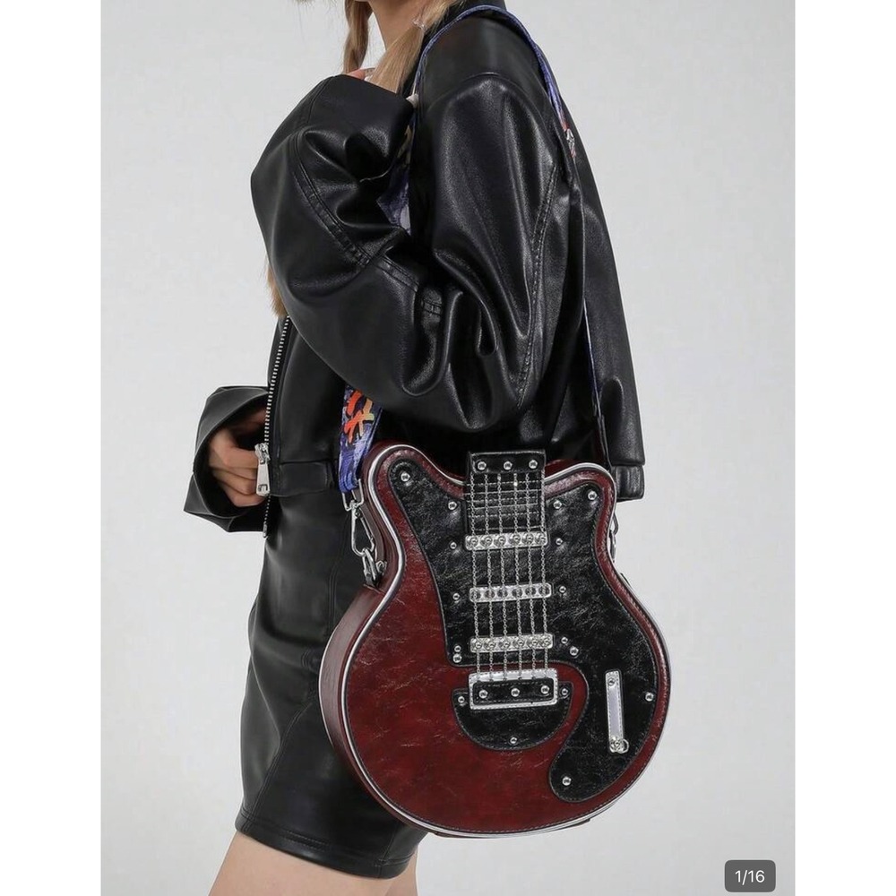 Novelty Guitar Shaped Crossbody Bag Burgundy Black Rocker Music Festival Purse